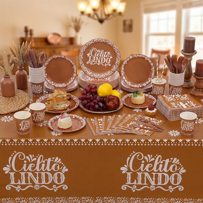 LemonRoad 452 Pcs Cielito Lindo Party Decoration for 50, Terracotta Cielito Lindo Paper Plates Napkins Cup Tablecloth Cutlery Straw Cinco De Mayo Mexican Tableware Set for Fiesta Baby Shower Supply