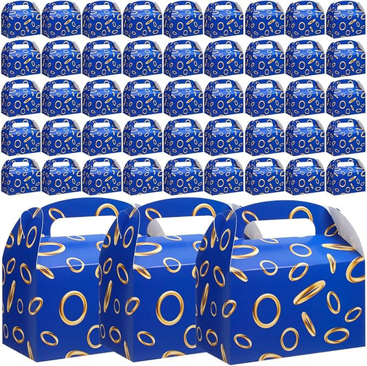 Marspark 48 Pack Blue with Gold Ring Party Favor Treat Boxes with Handles Theme Paper Goodie Candy Gift Gable Boxes for Video Game Birthday Party Decorations(Blue and Golden)
