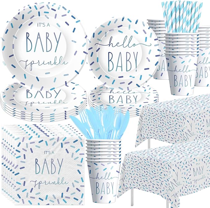 Sprinkle Baby Shower Decorations Tableware for Boy, Blue Confetti It's a Baby Sprinkle Party Decorations Supplies, Paper Plate, Napkin, Cup, Disposable Cutlery, Tablecloth, Serves 24