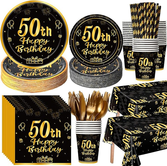 Funnymoom 452 Pcs 50th Birthday Party Decorations Set for Men Women, Black and Gold Happy 50th Birthday Paper Plates Napkins Cups Tablecloth Cutlery Straws for Cheers to 50 Years Anniversary Party
