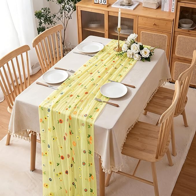 BINBE 12pcs Daisy Spring Table Runner Embroidery Gauze 10FT Florals Seasonal Tulle Holiday Birthday Kitchen Dining Table Decor for Home Party Yellow