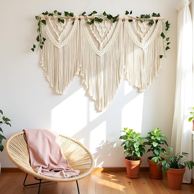 guzhiou large macrame wall hanging - Boho Tapestry Macrame Wall Decor Art- Chic Bohemian Handmade Woven Tapestry Home Decoration for Bedroom Living Room Apartment Wedding Party - 43"x32" (with Ivy)