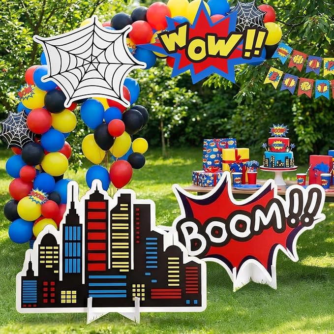 Honoson 4 Pcs Large 24" x 32" Spider Birthday Party Decorations Cardboard Cutouts, Comic Action Sign Skyscraper City Buildings Spider Web Backdrop Party Supplies for Baby Shower Classroom Photo Props