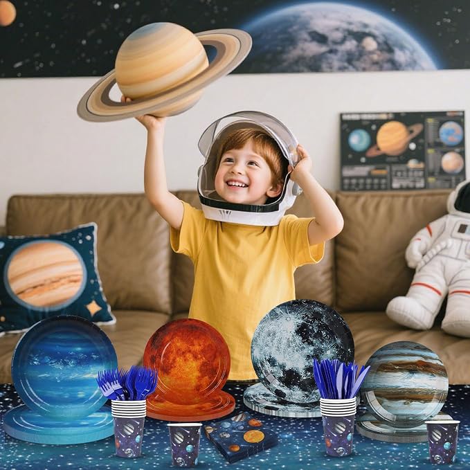 Space Theme Party Decorations,182pcs Galaxy Planet Outer Space Disposable Plates and Napkins Tableware Set,for Space Solar System Planets Baby Shower Birthday Party Decorations,Serve 30
