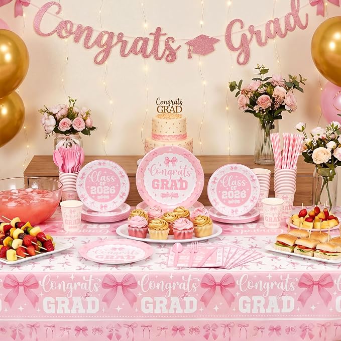 LemonRoad 452 Pcs 2026 Pink Bow Graduation Decoration for 50, Pink and White Grad Paper Plates Napkins Cups Tablecloth Cutlery Straw Coquette Disposable Tableware for Freshly Graduated Party Supplies