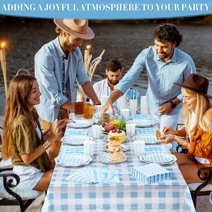 Funnymoom 452 Pcs Blue Gingham Party Supplies for 50 Guests Include White and Blue Checkered Paper Plates Napkins Cups Tablecloth Cutlery Straws for Birthday Baby Shower Wedding Party Decorations