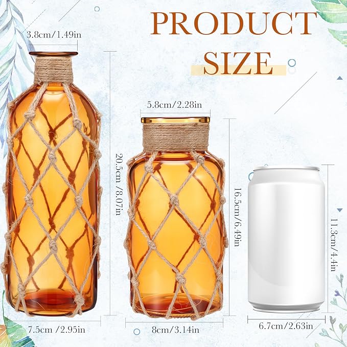 Chuangdi Set of 2 Coastal Glass Vases for Flowers TSITP Flower Vase with Boho Rope Small Sea Glass Jar Nautical Beach Bottle for Wedding Table Centerpieces Floral Arrangement Decor(Amber)
