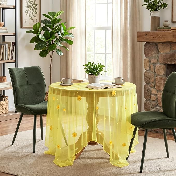 BINBE Flower Pearl Table Runner Spring Summer Rustic Boho 10ft Tulle Table Runner for Baby Shower Wedding Veil Holiday Dessert Table Decor Yellow