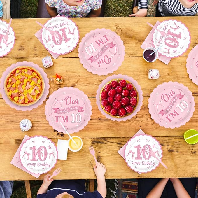 96Pcs Pink Bow Party Supplies Coquette 10th Birthday Party Plates and Napkins Disposable Bow Themed Tableware Set for Girl Happy 10th Birthday Baby Shower Decorations, Serves 24