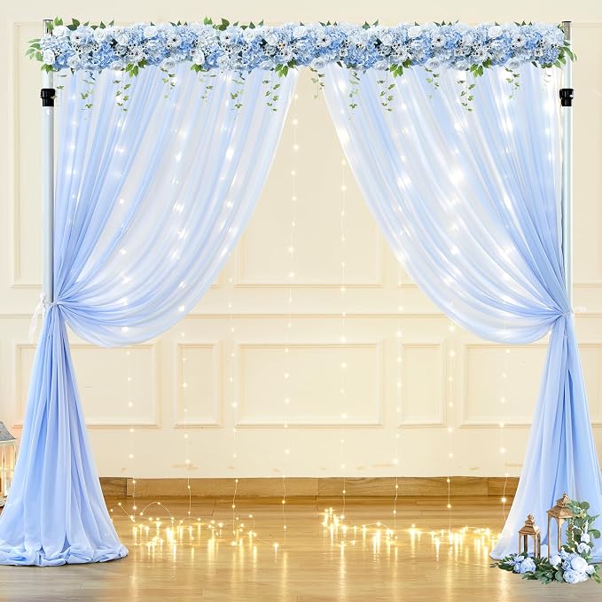 20ft x 10ft Baby Blue Chiffon Backdrop Curtain with Lights String for Parties,4 Panels Sheer Tulle Curtain Wedding Backdrop for Baby Shower Birthday Party Ceremony Reception Home Decorations