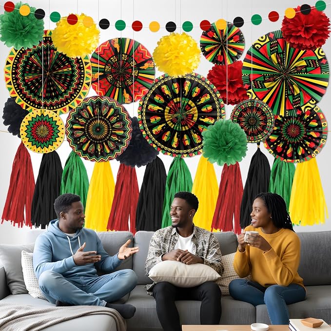 Rakuto Black History Month Party Decorations,30PCS Juneteenth African American Themed Paper Fans and Paper Poms Decoration,Happy June African Themed Tassel Garland Party Decor