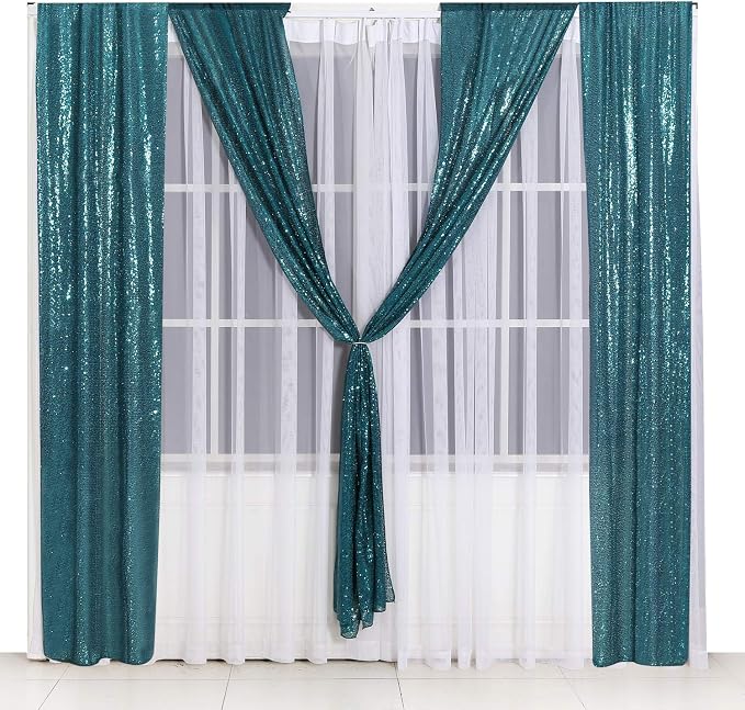 Poise3EHome 2ft x 8ft Teal Sequin Backdrop Curtains 2 Panels for Photography Party Decoration, Teal