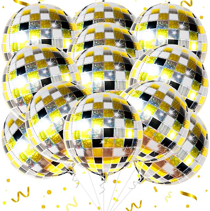 KatchOn, Shiny Disco Ball Balloons - Big 22 Inch, Pack of 12 | Foil Black and Silver Disco Balloons for Disco Ball Decor | Black and Gold Graduation Decorations | Bachelorette Party Decorations