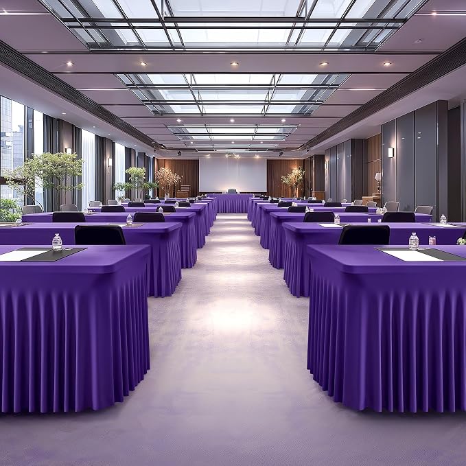 2 Packs Purple Table Clothes for 4 Foot Rectangle Tables, One-Piece Wrinkle Resistant Stretch Spandex Table Covers with Skirt for Event Banquet Wedding Birthday Party