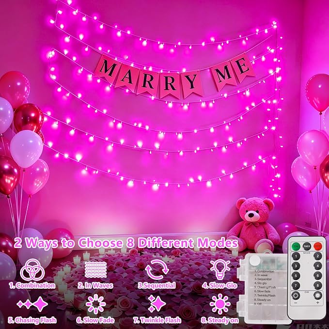 YEGUO Battery Operated String Lights, 2 Pack Each 33ft 100 LED Twinkle Fairy Lights Outdoor Waterproof, 8 Modes Clear Wire Pink Christmas Lights Indoor with Remote