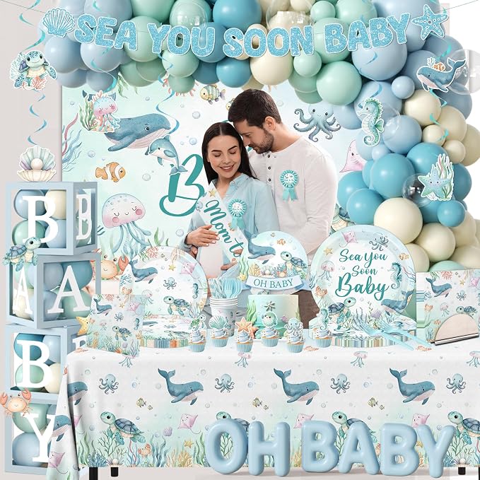 Sea You Soon Baby Shower Decorations, Under The Sea Party Decorations with Oh Baby Backdrop Banner Plates Napkins Ocean Tablecloth Balloon Arch Box for 1st Boy Birthday Party