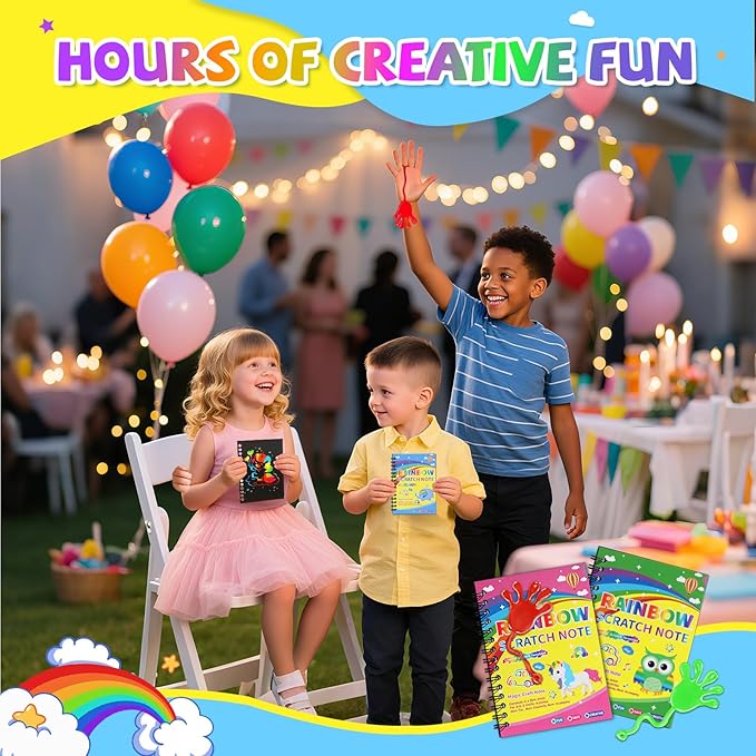 JMMICO 48*3 Packs Scratch Art Notebook+Sticky Hands+Stickers,Easter Party Favors for Kids 4-8-12,Return Gifts for Birthday Party Bulk Toys,Goodie Bags Stuffers, Classroom Prizes Students Gifts