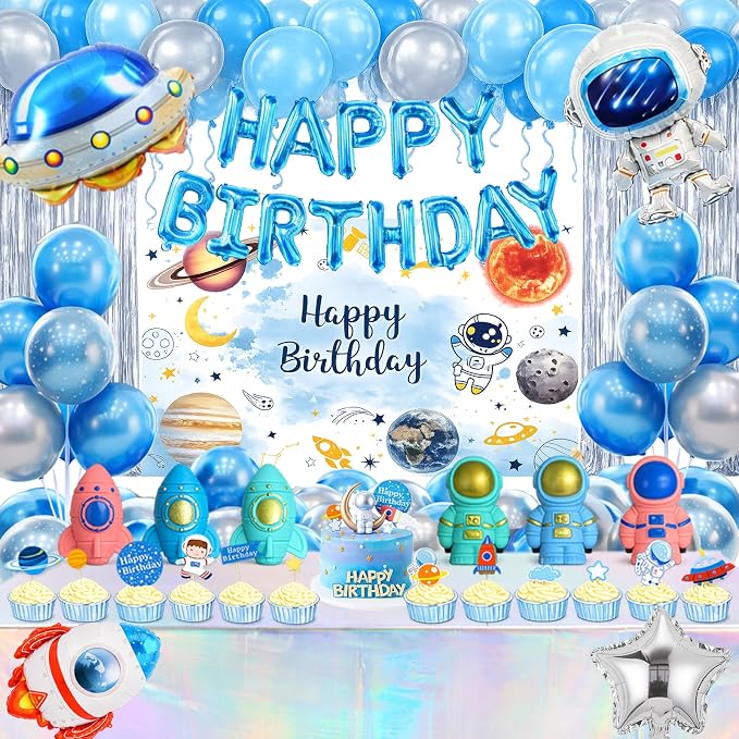 72Pcs Space Themed Party Decorations, Space Birthday Decor Set | Backdrop, foil balloons, rain curtains, tablecloth, toppers & pull-back vehicles