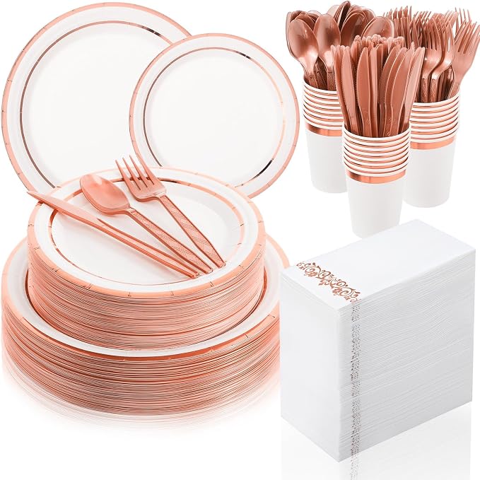 meekoo 350 Pcs Rose Gold Party Dinnerware Set Disposable Paper Plates for 50 Guests 9in and 7in Dinner Dessert Plates Napkins Gold Rim Plastic Cups Knives Forks Spoons for Party Wedding(Round)