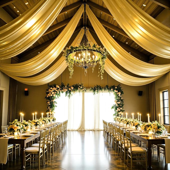 gogoparti 30x20FT Gold Shimmer Backdrop Curtains for Weddings Parties - 6 Panels of Extra Long 5x20FT Drapes, Includes Dual Pole Pockets, Wrinkle-Free Fabric for Party, Photo Booth & Tent Decoration