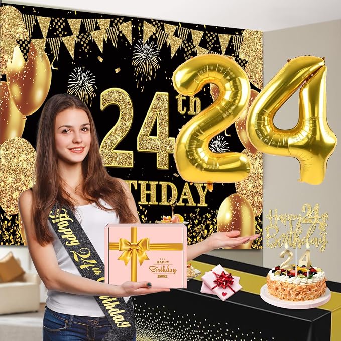 24th Birthday Decorations Men Women with 24th Birthday Banner, Black and Gold Table Cloth, Number Balloons, Large Sash, Cake Topper and Candles