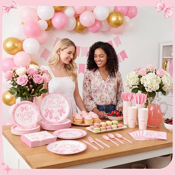 400 Pcs Pink Bows Baby Shower Party Decoration Girl for 50, a Sweet Little Girl Is on Her Way Plates Napkins Cups Cutlery for Welcome Baby Bow Coquette Birthday Party Supply