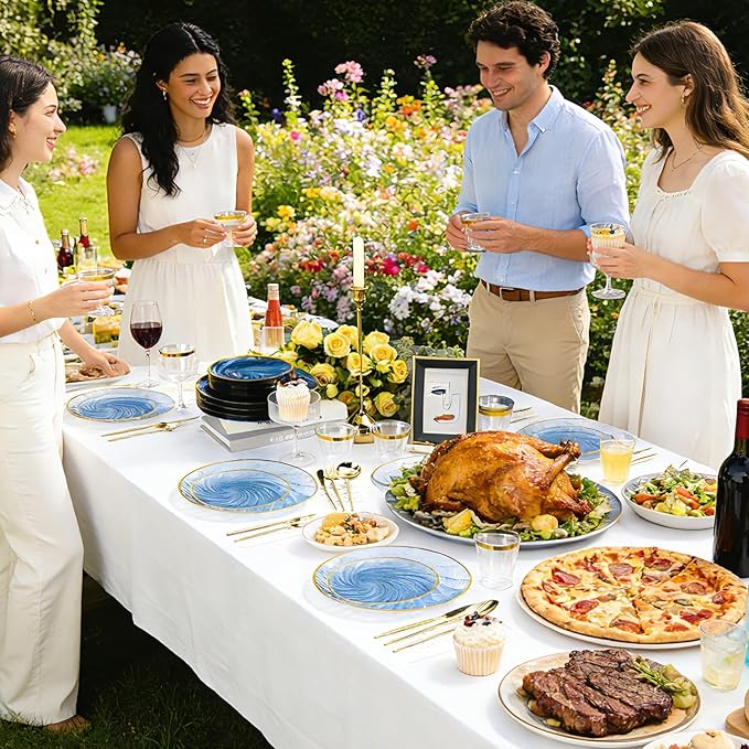 N9R 180 PCS Disposable Dinnerware Set with Gold Rim Blue Plastic Plates for 30 Guests, Include 30 Dinner Plates, 30 Dessert Plates, 30 Cups, 90 Heavy Duty Gold Plastic Silverware for Party & Wedding