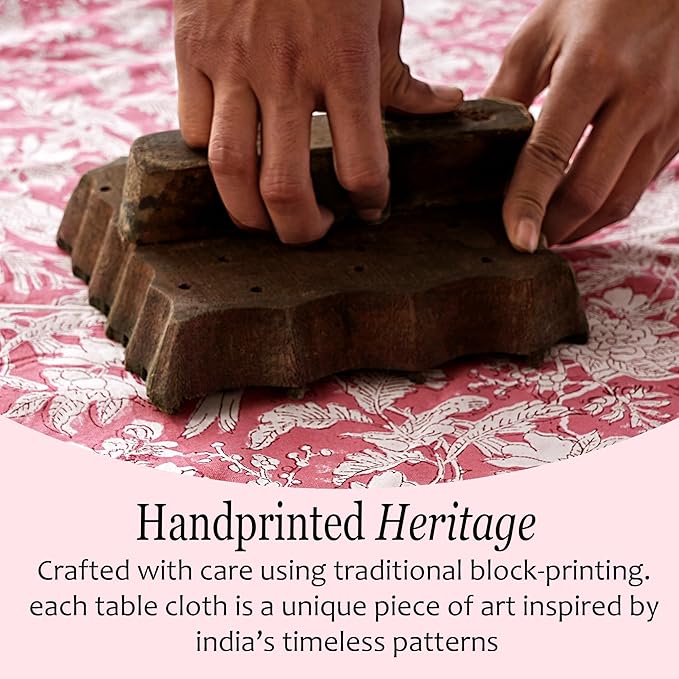 CPC Tablecloth 100% Cotton 72x190 Inch Indian Block Print Rectangle Table Cover, Pink Table Cloth for Weddings, Spring/Summer, Barbeque - Pink Coral
