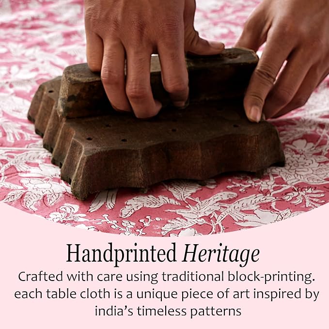 CPC Tablecloth 100% Cotton 72x160 Inch Indian Block Print Rectangle Table Cover, Pink Table Cloth for Weddings, Spring/Summer, Barbeque - Pink Coral