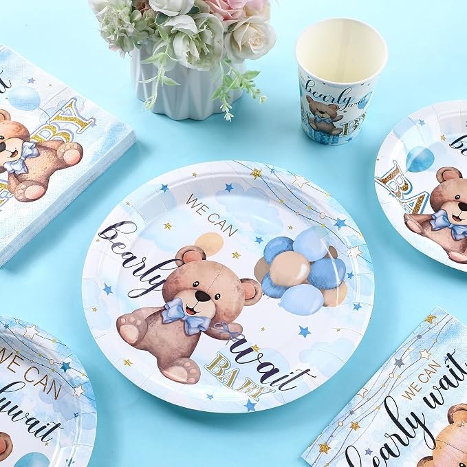 Sliner 175 Pcs We Can Bearly Wait Blue Bear Plates Napkin Cups Knives Party Supplies Disposable Cups Paper Tableware Set Baby Shower Decorations for Boy Gender Reveal Tableware Set Serves 25 Guests
