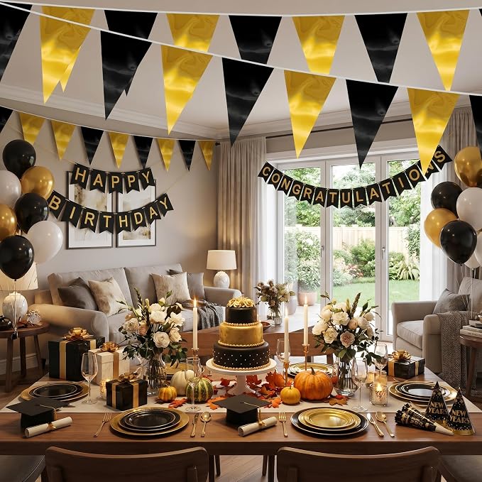 40M/130FT Black Gold Triangle Pennant Banner Flag Metallic Fabric Bunting Garland for Christmas Wall Hanging,Graduation Decorations, New Years Decorations,Father' Da