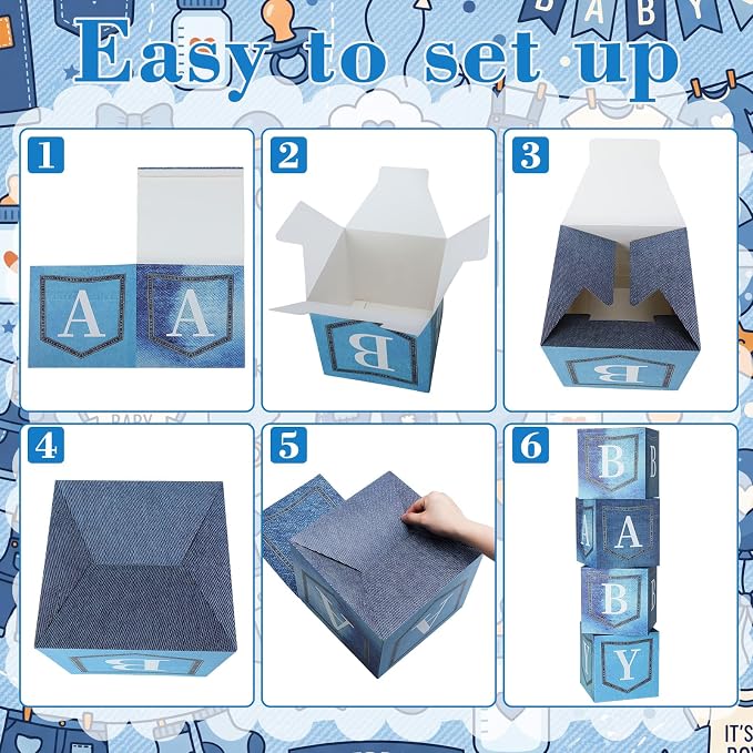 Qunclay 4 Set Blue Jean Baby Shower Decorations Party Boxes with Letters Stackable for Denim Baby Shower Decorations Gender Reveal Decoration Photo Prop Cowboy Country Nursery Decor