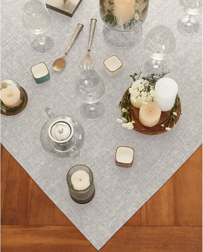 Solino Home Linen Tablecloth 52 x 52 Inch - 100% Pure Linen Square Table Throw - Athena, Machine Washable Oyster Grey Tablecloth for Summer
