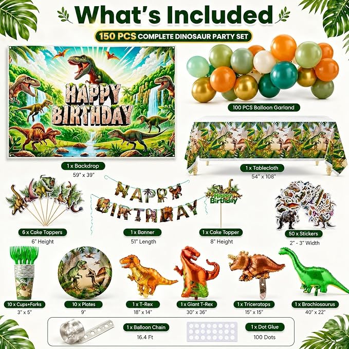 Dinosaur Birthday Decorations for Boys, 150 PCS Jurassic Dino Party Supplies with Backdrop, Dinosaur Balloons, Banner, Tablecloth, Cake Toppers & Stickers