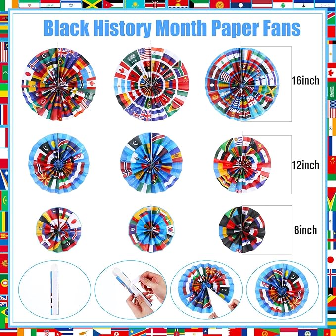 Outus International Flags Hanging Decorations Around The World Paper Fans Country World Flags Tissue Pom Poms Nations Paper Lanterns for Sports Event Back to School Classroom Ceiling Wall Decor