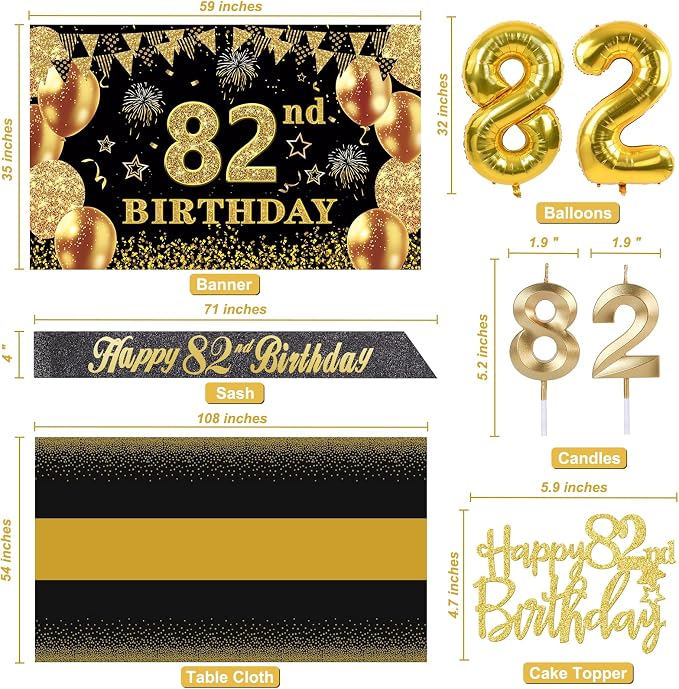 82nd Birthday Decorations Men Women with Banner, Black and Gold Table Cloth, Number Balloons, Sash, Cake Topper and Candles