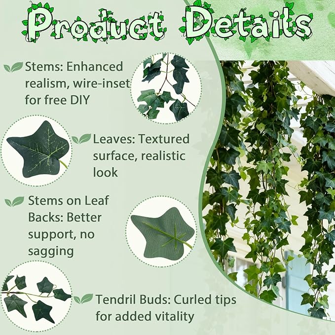ucky 2pack Total12FT Artificial Ivy Artificial Vines Artificial Plants Fake Hanging Plants Silk for Garden Terrace Beach Party Decoration Wedding Decoration （Green）