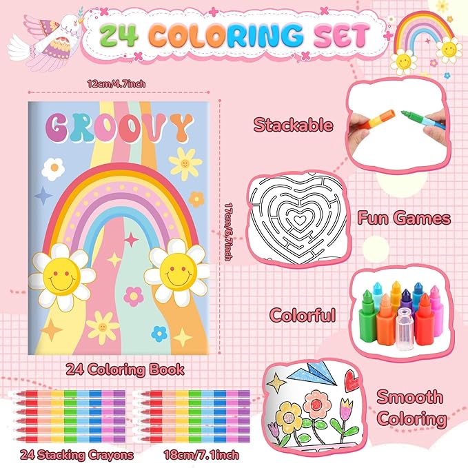 BenLouis 24 Hippie Boho Mini Coloring Books Kids with 24 Stacking Crayons Retro Daisy Party Favors Activity Books Bulk for Kids Two Groovy Goodie Bag Gift Stuffer Classroom Reward