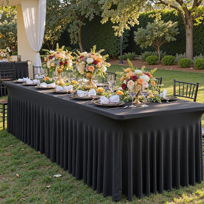 leegleri Black Spandex Table Clothes for 8 Foot Rectangle Tables, 2 Pack Wrinkle Free Rectangle Table Cloth 8ft Stretch Fitted Tablecloths with Skirt for Parties Weddings Birthday Banquet Baby Shower