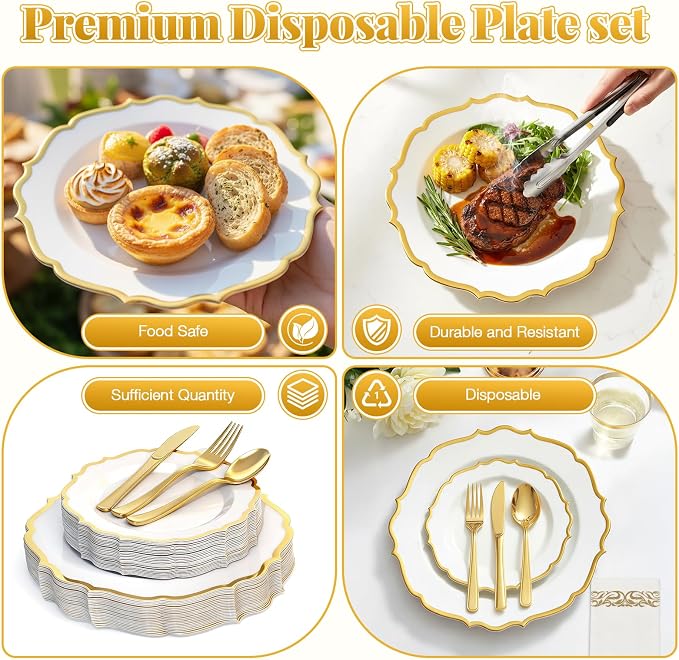 Glowserve 175 Piece Disposable Plastic Plates Dinnerware Set for 25 Guests | 50 Plastic Plates,25 Silverware Set,25 Cups and Napkins,Party Wedding Birthday,Family Gathering,Fancy Plastic Plates
