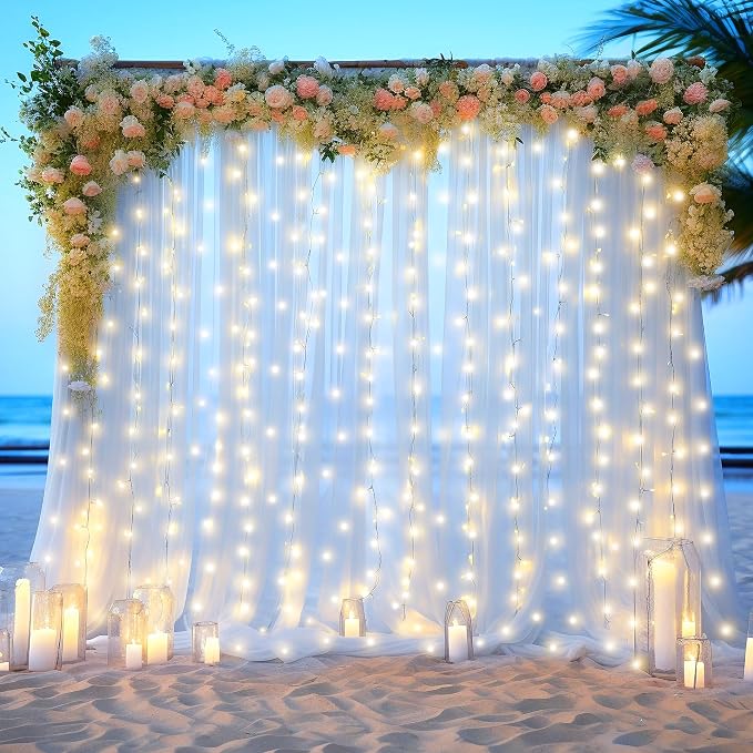 6 Panels White Sheer Tulle Backdrop Curtains with Lights String for Party Wedding Wrinkle Free Curtain Backdrops Drapes for Baby Shower Birthday Photo Back Drop Background Home Decorations 30ft x 8ft