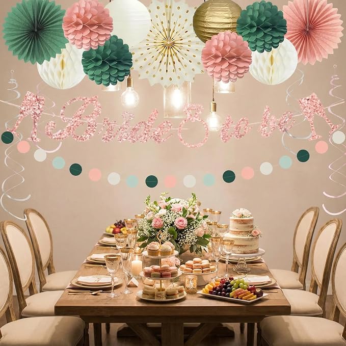 Pink Sage Green Bridal Shower Decorations, Bride to be Banner with Honeycomb Balls, Paper Flowers, Lanterns, Fans, Circle Garland for Wedding Shower, Bachelorette Party Decor 19pcs