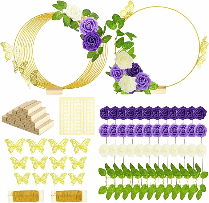 Vercraft 12 Set Butterfly Metal Floral Hoop Table Centerpieces, Metal Ring with 3D Butterfly Decor, PE Foam Flower, Adhesive Dot, Gold Wires for DIY Wedding Party (White, Purple, Purple,Round)