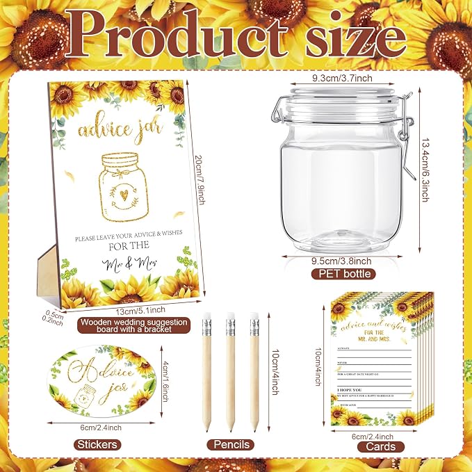 Jetec 74 Pcs Advice and Wishes for the Mr and Mrs 60 Pcs Wedding Advice Cards Advice and Wishes Jar Box Bridal Shower Advice and Wishes Cards for Bride and Groom Bridal Shower Decor(Sunflower)