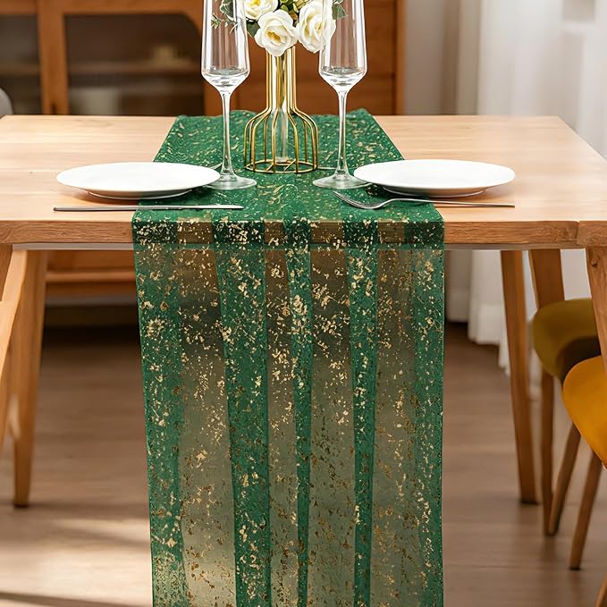 BINBE 1PCS Green Table Runner 10Ft Sheer Chiffon Fabric Cheesecloth Sequin Glitter Table Runner for Wedding Birthday Party Decor