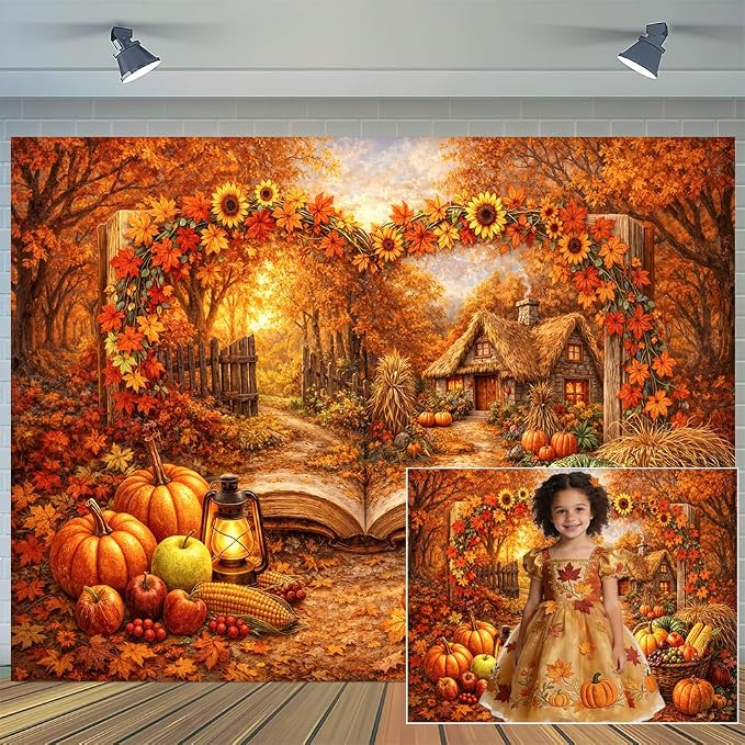 12 x 10 ft Fall Photo Backdrops for Photography Autumn Fairy Wonderland Storybook Pumpkin Magic Garden Thanksgiving Backdrop Maple Leaves Thanksgiving Photoshoot Portrait Photo Backdrops Decorations