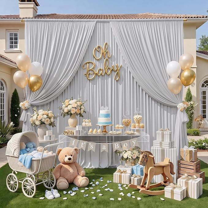 10ft x 10ft Wrinkle Free Silver Backdrop Curtain fpr Parties, Polyester Backdrop Drapes Panels for Wedding Space Theme Birthday Party Baby Shower Birthday Decoration