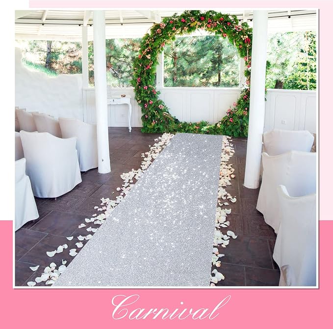 Shihanee Sequin Aisle Runner for Wedding Glitter Rug with Carpet Tape Sparkly Prom Outdoor Floor Birthday Carpet Runner for Ceremony Event Graduation Party(2 x 15 ft,Silver)