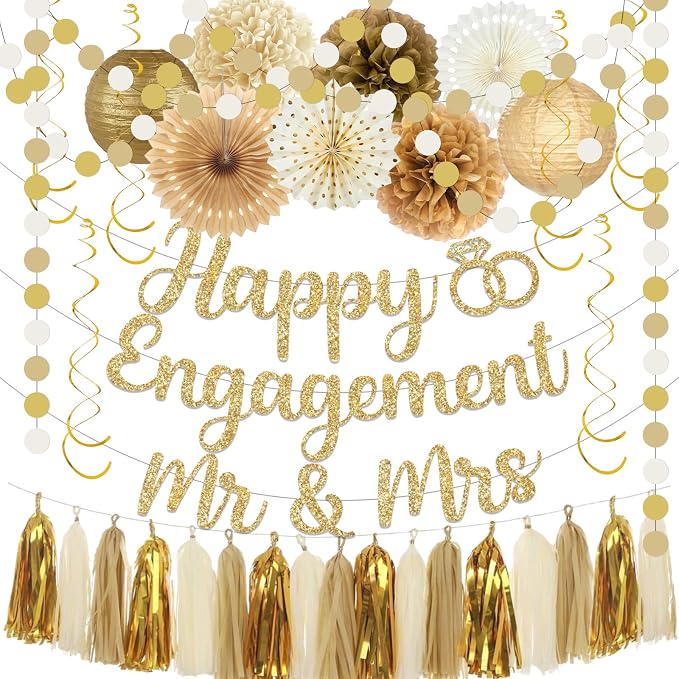 Engagement Party Decorations,Champagne-Gold Sage Congratulations Decorations includes Gold Glitter Happy Engagement Banner for Just Engaged Almost Married Party, Bachelorette Party Decorations