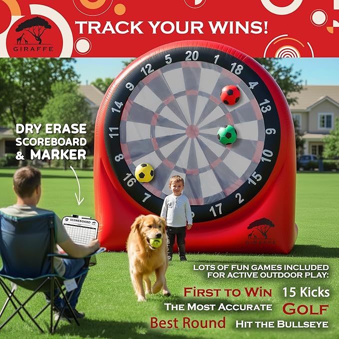 GIRAFFE Giant Inflatable Dartboard Yard Game Set, Big Blow Up Kick Giant Dart Board with Air Pump, Target Game, 6 Jumbo Lawn Games for Kids, Inflatable Games Outdoor, Family Activities, Carnival Party